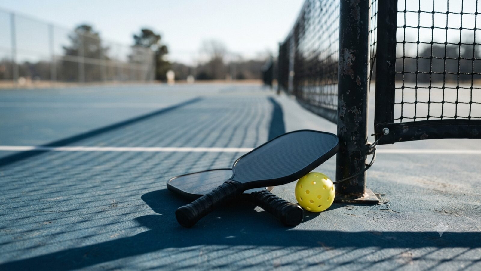 Two pickleball paddles and a ball resting on the line of an outdoor blue court in morning sun