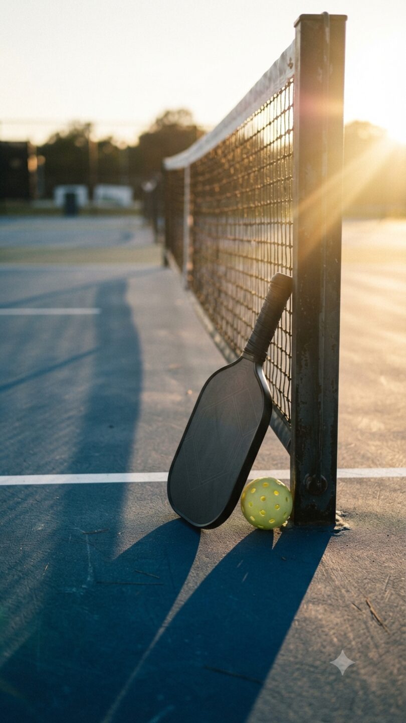A pickleball paddle held up against a sun flare over an outdoor court